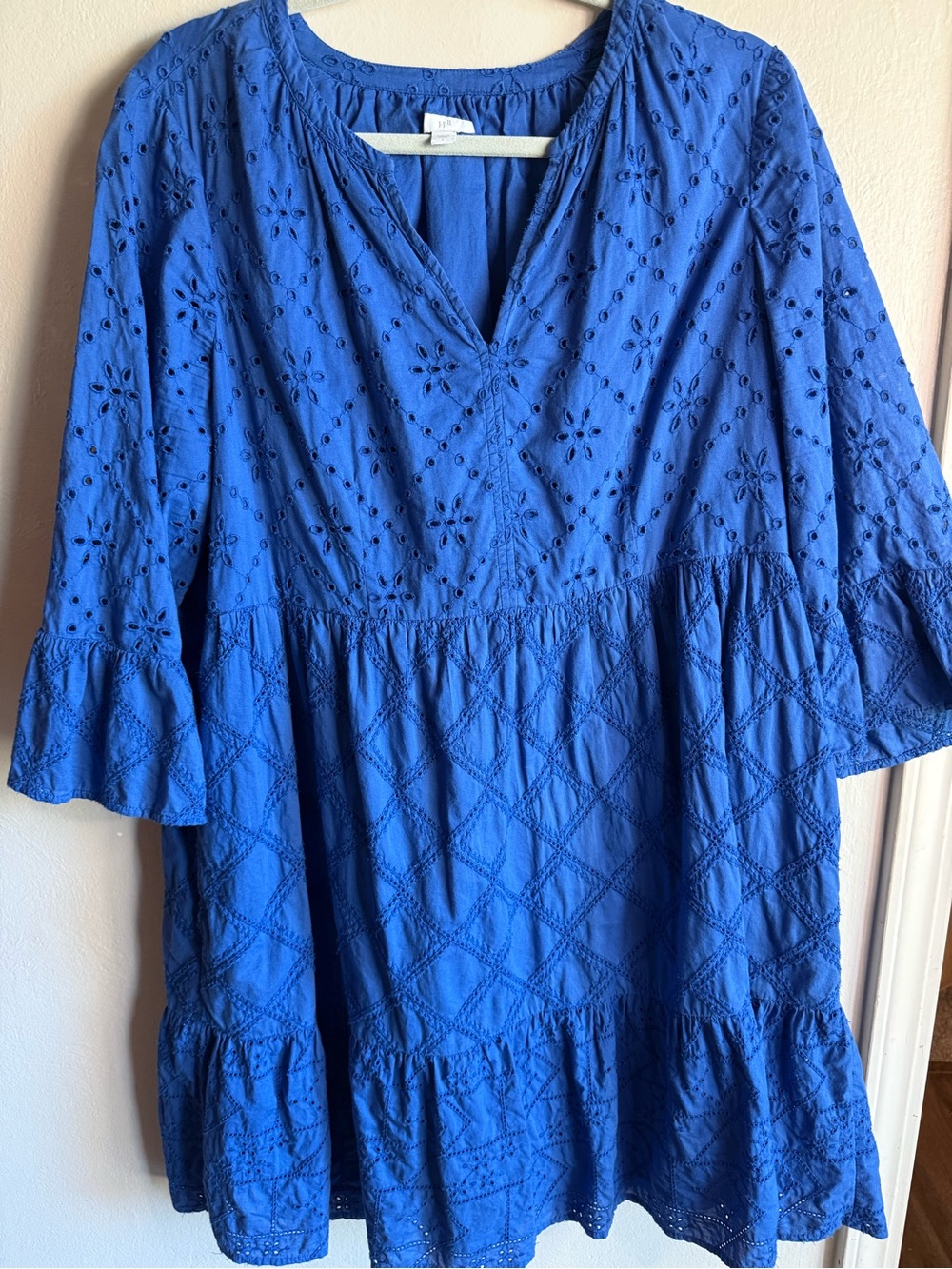 J. Jill Royal Blue Tiered Cotton Eyelet Dress V-Neck 3/4 Bell Sleeve
